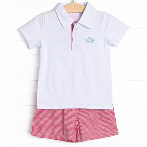 Blue Crab Embroidered Short Set, Red