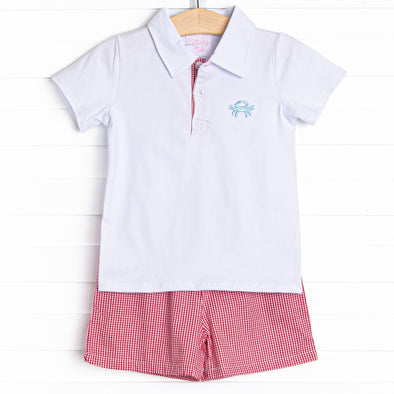 Blue Crab Embroidered Short Set, Red