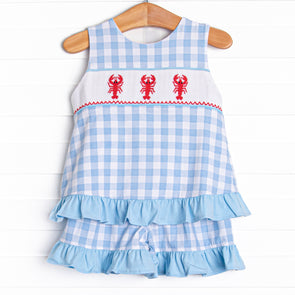 Off Land Lobster Smocked Ruffle Short Set, Blue