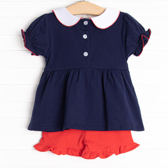 A is for Apple Applique Ruffle Short Set, Navy