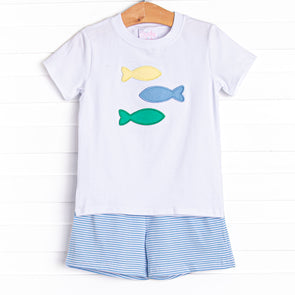 School of Fish Applique Short Set, Blue