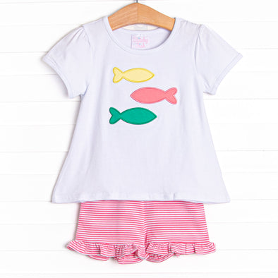 School of Fish Applique Short Set, Pink