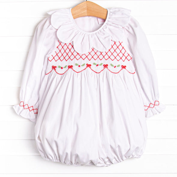 Holly Leaf Holiday Smocked Bubble, White