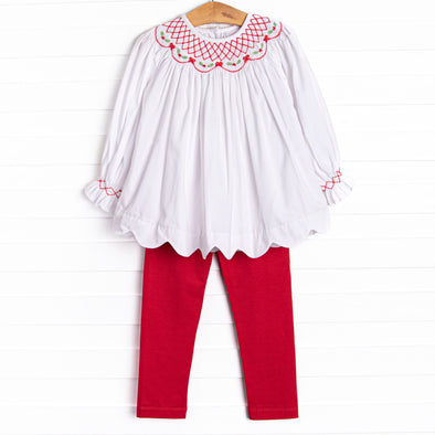 Holly Leaf Holiday Smocked Legging Set, Red