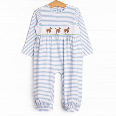 Puppy Present Smocked Romper, Blue