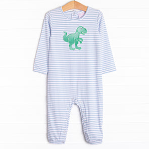 Rexy Reptile Applique Romper, Blue Stripe