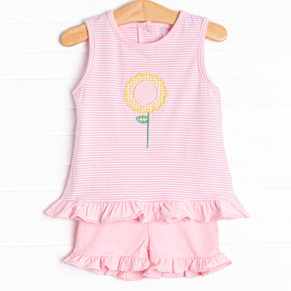 Sunflower Summer Applique Ruffle Short Set, Pink