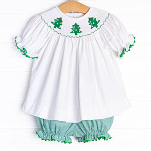 Christmas Tree Trio Smocked Bloomer Set, Green Gingham