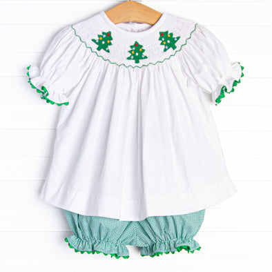 Christmas Tree Trio Smocked Bloomer Set, Green Gingham