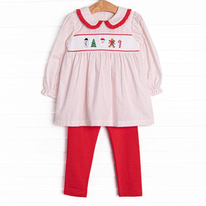 Season's Greetings Smocked Legging Set, Red