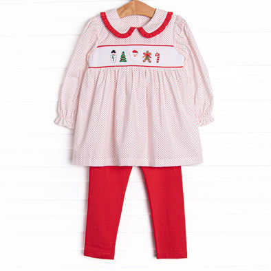 Season's Greetings Smocked Legging Set, Red