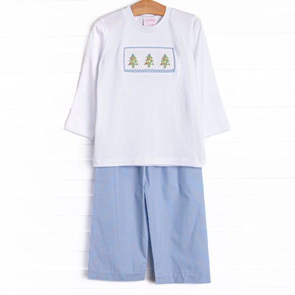 Christmas Tree Trio Smocked Pant Set, Blue Gingham