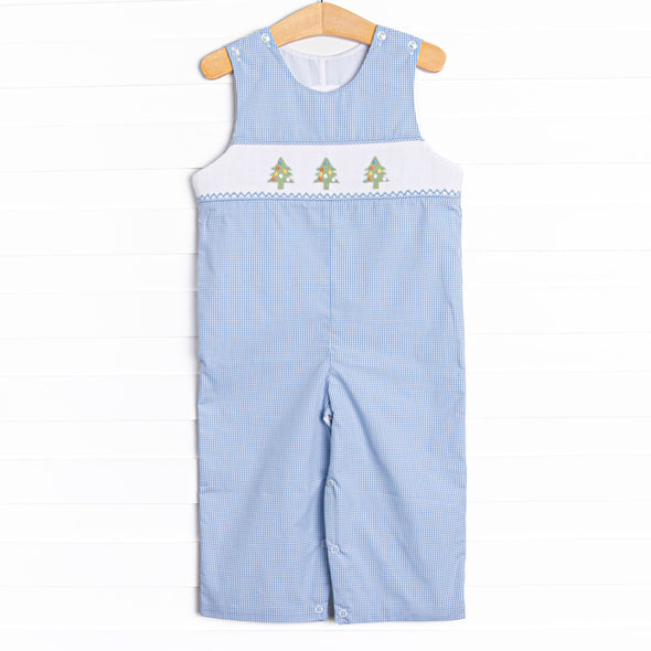 Christmas Tree Trio Smocked Jon Jon, Blue Gingham