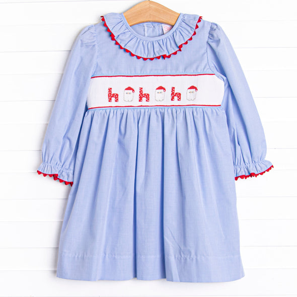 Santa's Coming Smocked Dress, Blue Gingham