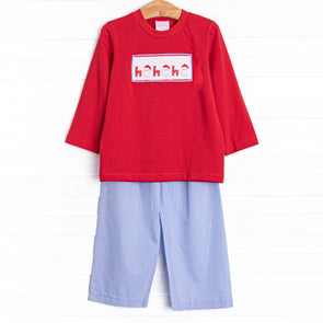 Santa's Coming Smocked Pant Set, Blue Gingham