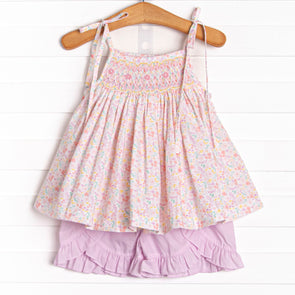 Watercolor Wallflowers Smocked Short Set, Pink