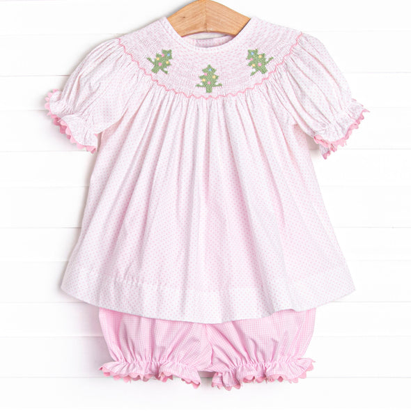 Christmas Tree Trio Smocked Bloomer Set, Pink Gingham