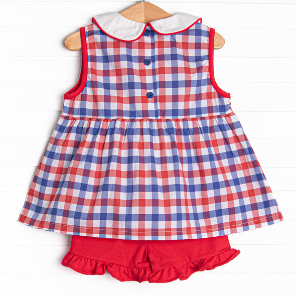 Plaid Patriot Ruffle Short Set, Red