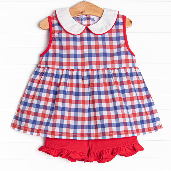 Plaid Patriot Ruffle Short Set, Red