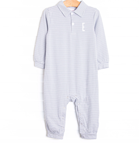 Levi Long Romper, Slate Blue Stripe