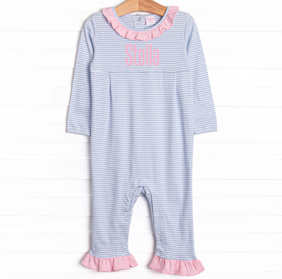 Stella Pima Ruffle Romper, Light Blue Stripe