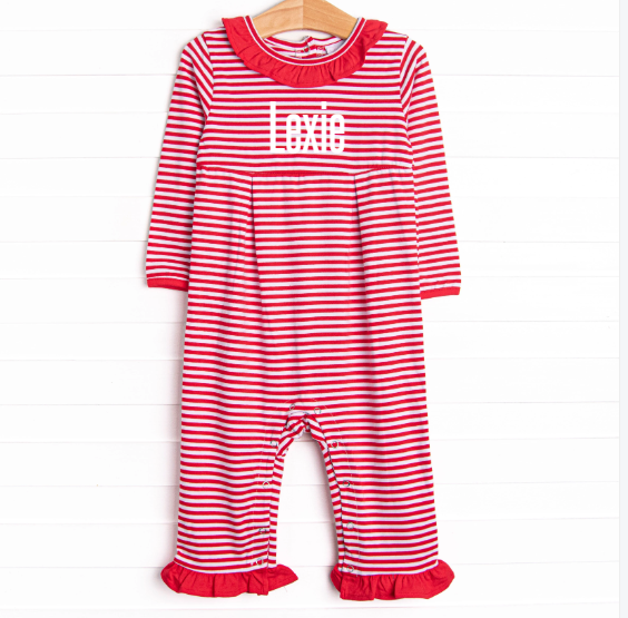 Lexie Ruffle Romper, Red Stripe