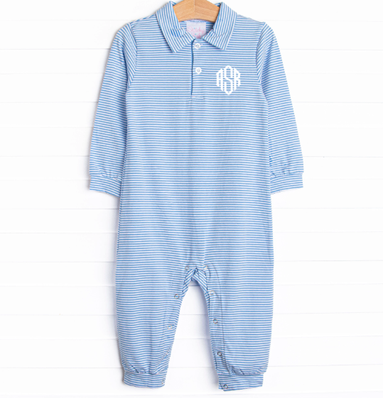 Levi Long Romper, Medium Blue Stripe