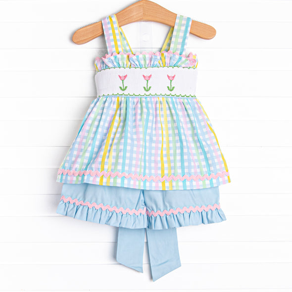 Sprouts of Spring Smocked Ruffle Short Set, Blue