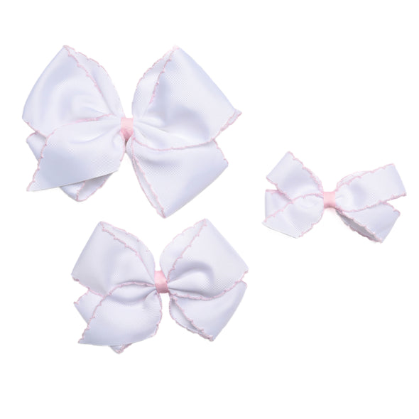 Moonstitch Grosgrain Hair Bow, White with Light Pink Stitch