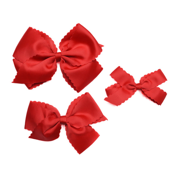 Scalloped Edge Grosgrain Hair Bow, Poppy Red