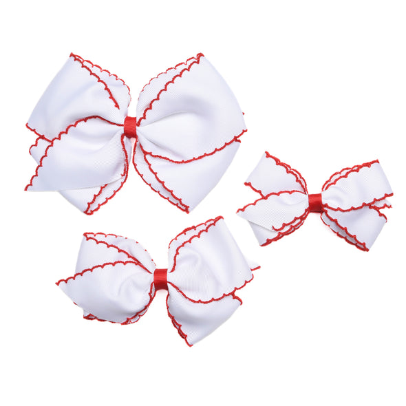 Moonstitch Grosgrain Hair Bow, White with Red Stitch