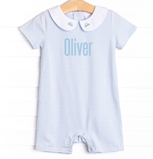 On the Way Home Embroidered Short Romper, Blue