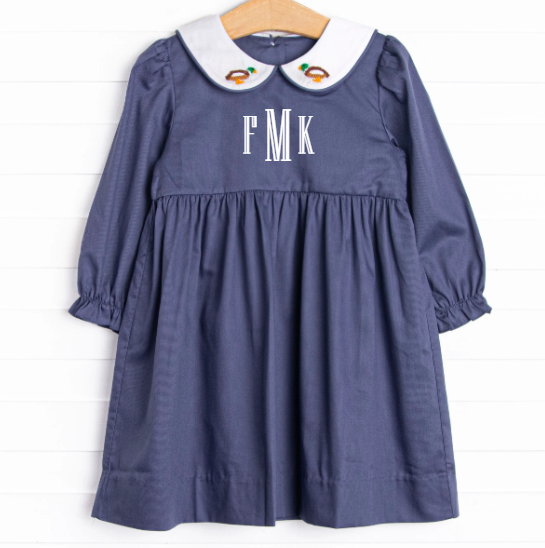 French Knot Mallard Embroidered Dress, Navy