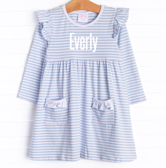 Everly Long Sleeve Dress, Blue Stripe