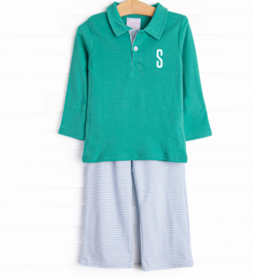 Levi Pant Set, Jade Green and Blue Stripe