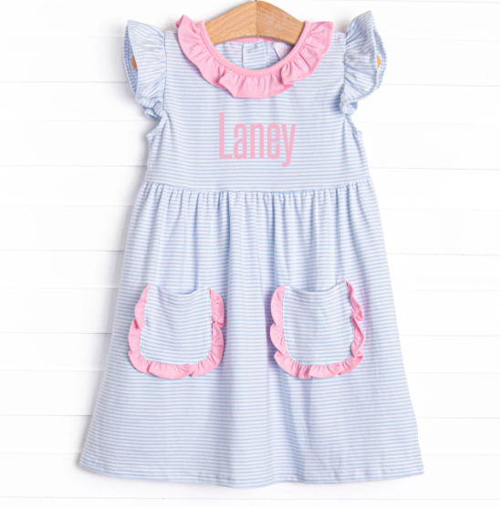 Laney Flutter Sleeve Dress, Pink and Blue Stripe