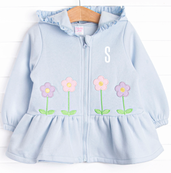 Just Bloomed Applique Zip-Up Ruffle Jacket, Blue