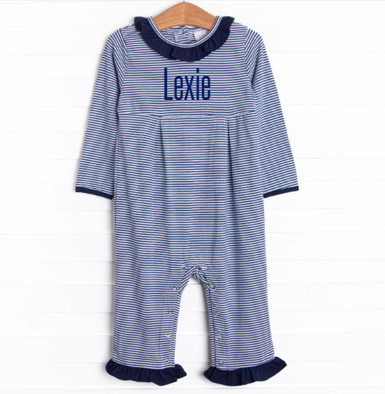 Lexie Ruffle Romper, Navy Stripe