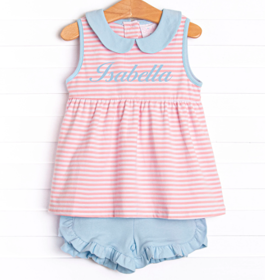 Isabella Ruffle Short Set, Blue and Pink Stripe