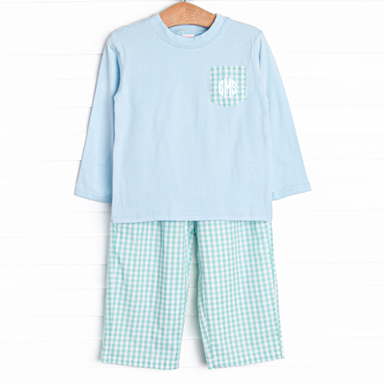 Garden Mint Gingham Pant Set, Green