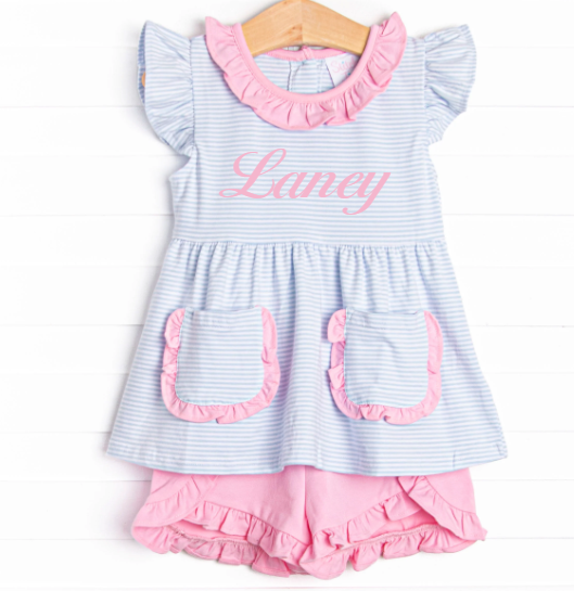 Laney Ruffle Short Set, Pink and Blue Stripe