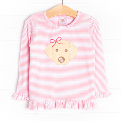 Bow Wow Applique Ruffle Shirt, Pink Stripe