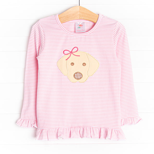 Bow Wow Applique Ruffle Shirt, Pink Stripe