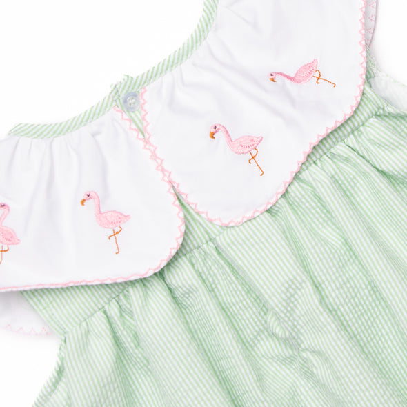Flamingo Flock Embroidered Dress, Green Seersucker