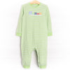 Chugging Along Applique Romper, Green Stripe