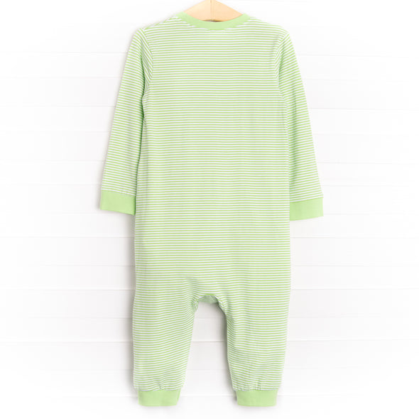 Chugging Along Applique Romper, Green Stripe