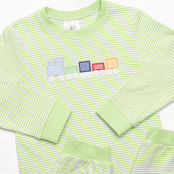 Chugging Along Applique Romper, Green Stripe