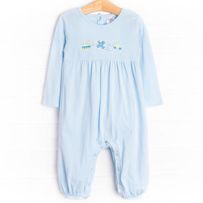 Travel Time Embroidered Romper, Blue