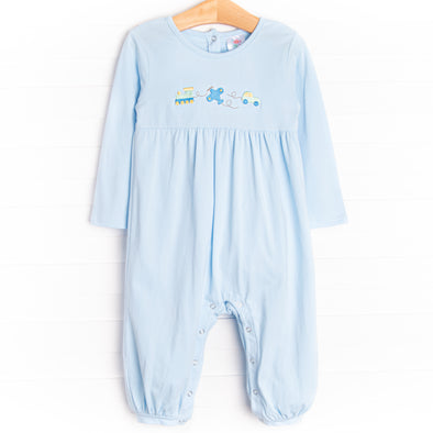 Travel Time Embroidered Romper, Blue