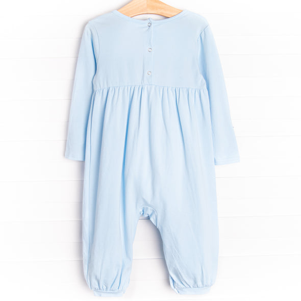 Travel Time Embroidered Romper, Blue